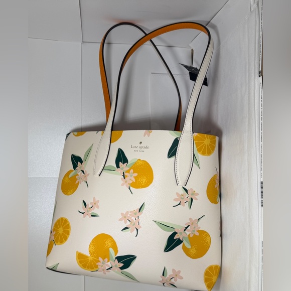 SOLD-Kate Spade Orange Blossom Citrus Print Tote Bag Orange Interior NWT - Picture 14 of 16